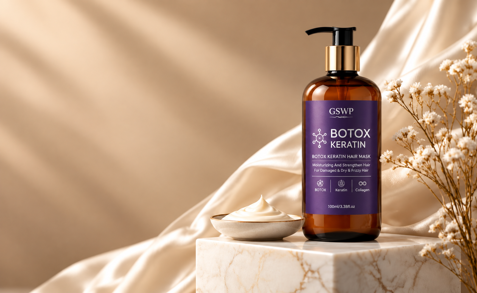 Frasco real da GSWP Botox Keratin Hair Mask ao lado de uma tigela de creme
