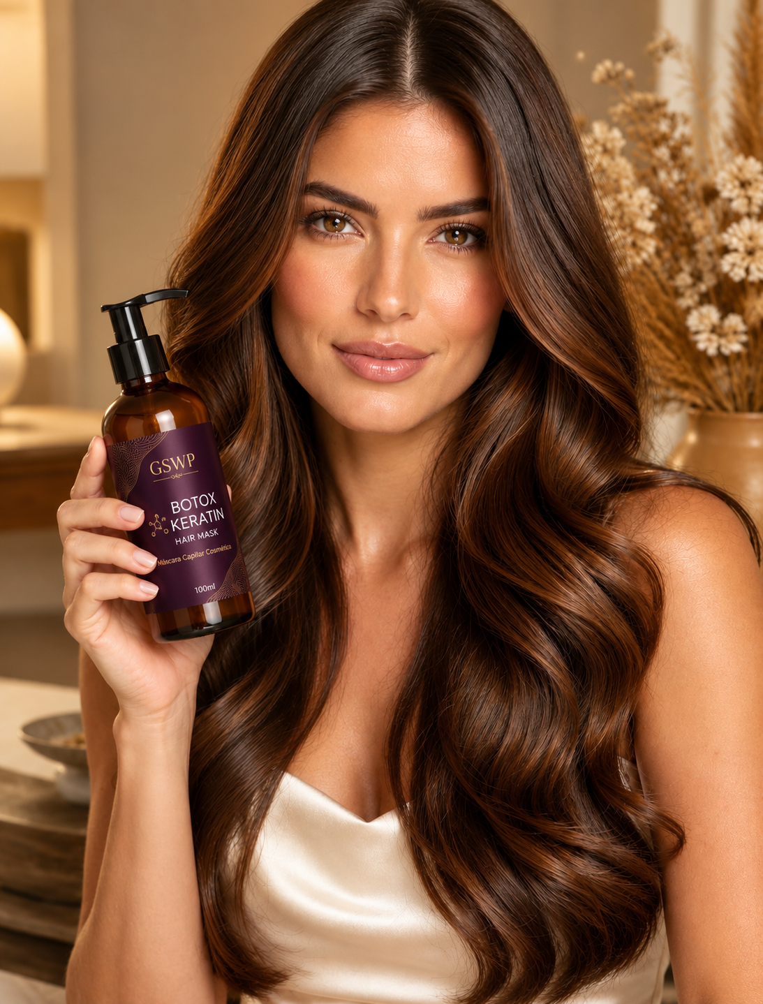 Modelo segurando a GSWP Botox Keratin Hair Mask